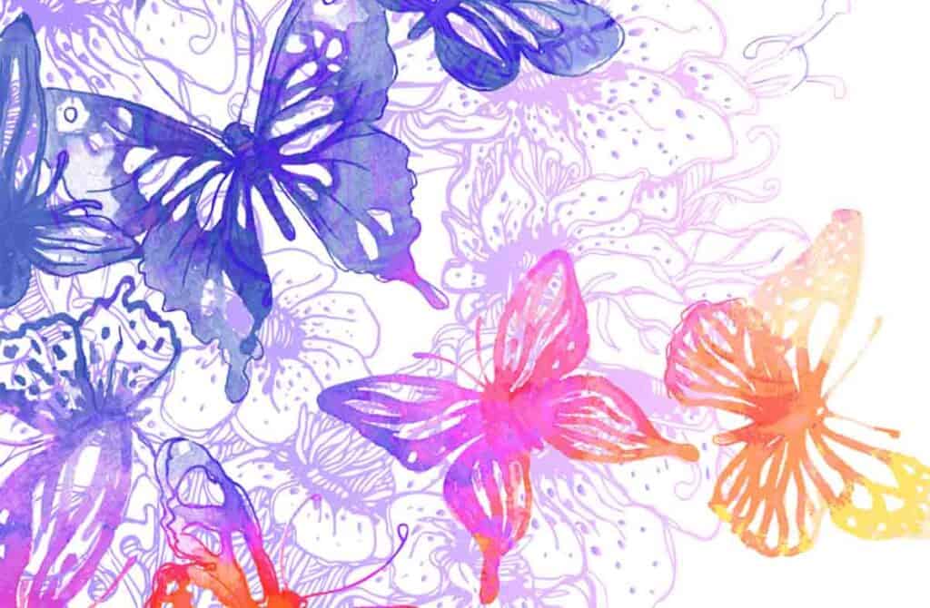 A graphic painting of purple, pink and orange butterflies.