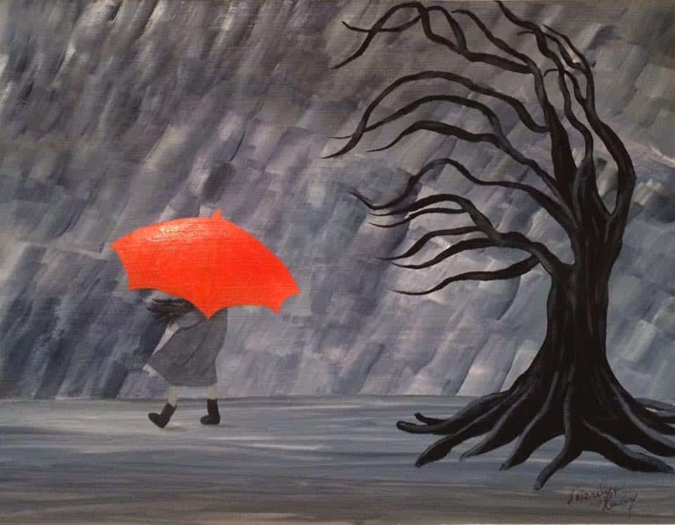 painting of a girl in grey rain with orange umbrella
