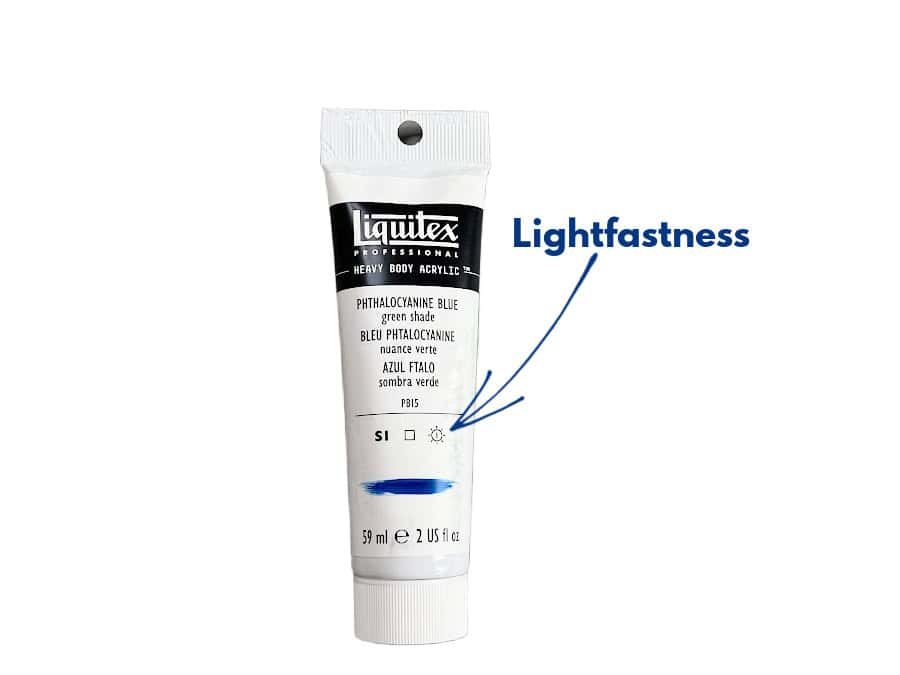 A tube of Liquitex Phthalo blue paint with an arrow indicating the lightfastness of the paint.