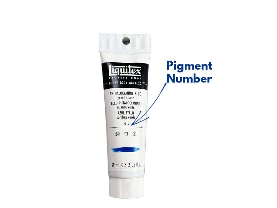 A tube of Liquitex Phthalo blue paint with an arrow indicating the pigment number.