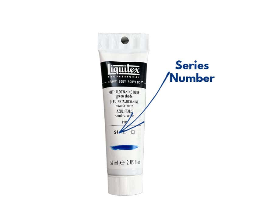 A tube of Liquitex Phthalo blue paint with an arrow indicating the series number of the paint.