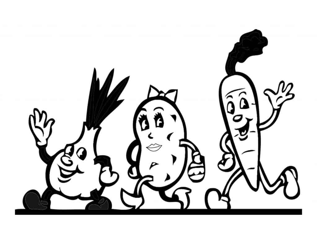 black and white picture of cartoon onion, potato and carrot
