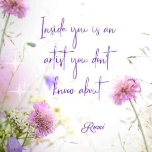 purple and pink flowers on a blurred background with art quote overlay