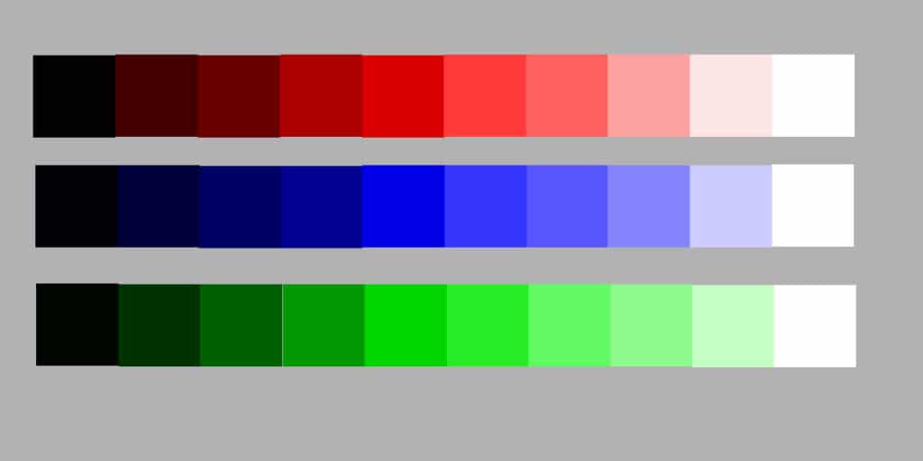 value scales of red, blue and green