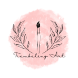 site logo with a line drawn artists brush with line drawn leaves on both sides and the words Trembeling Art in script font on the bottom on a pink watercolor circle