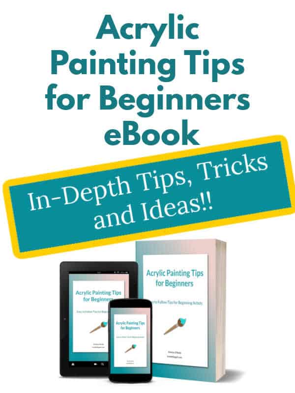 ad for ebook Acrylic Painting Tips for Beginners In-Depth Tips, Tricks and Ideas with a mock-up of the ebook on iPad, iPhone and print book showing a pink and green book with a paint brush icon