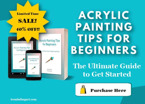 sales widget with mockup of ebook Acrylic Painting tips for Beginners on tablet, phone and print book on a teal background with a yellow star containing text limited time sale! 40% off 