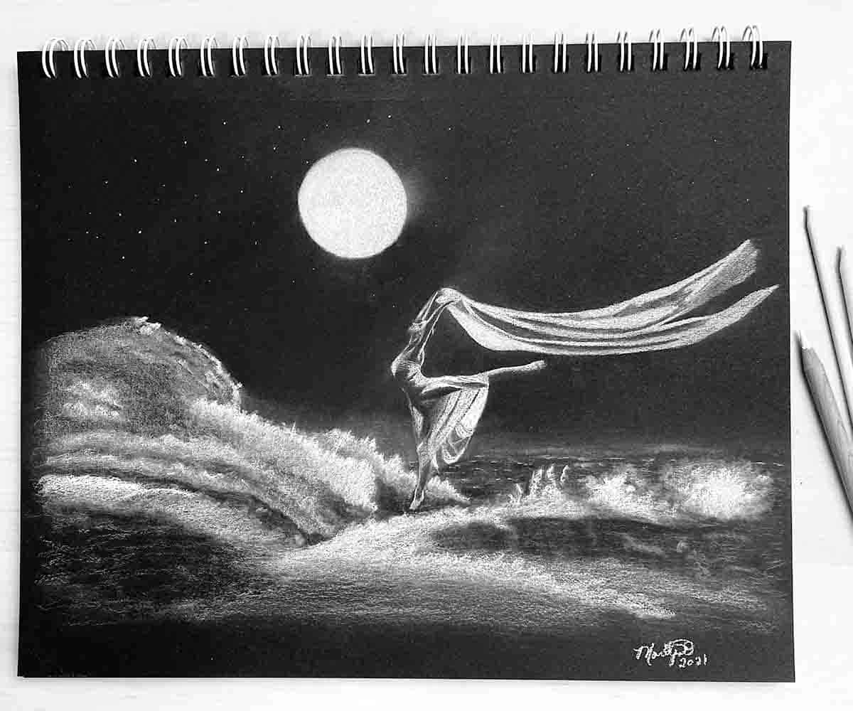 white charcoal drawing on black paper of a girl in a flowing dress dancing in the ocean under moonlight