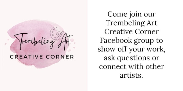 Icon for Trembeling Art Creative Corner with a drawing of an artists' palette and brush on a pink watercolor circle with an invitation to join the group