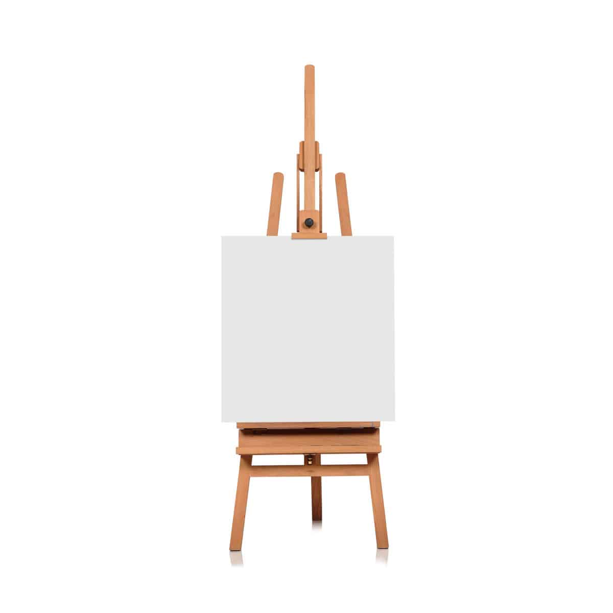 Realistic paint desk with blank white canvas. Wooden easel and a