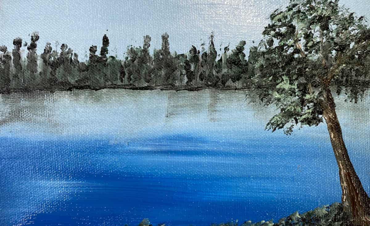 An acrylic painting of a lake surrounded by trees.