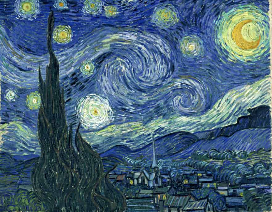 A picture of Van Gogh's Starry Night showing swirls of paint representing the night sky with a village below.