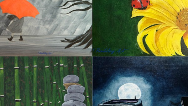 A collage of four acrylic paintings.