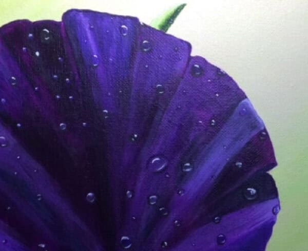 An acrylic painting of a close up of a pansy with dew drops.