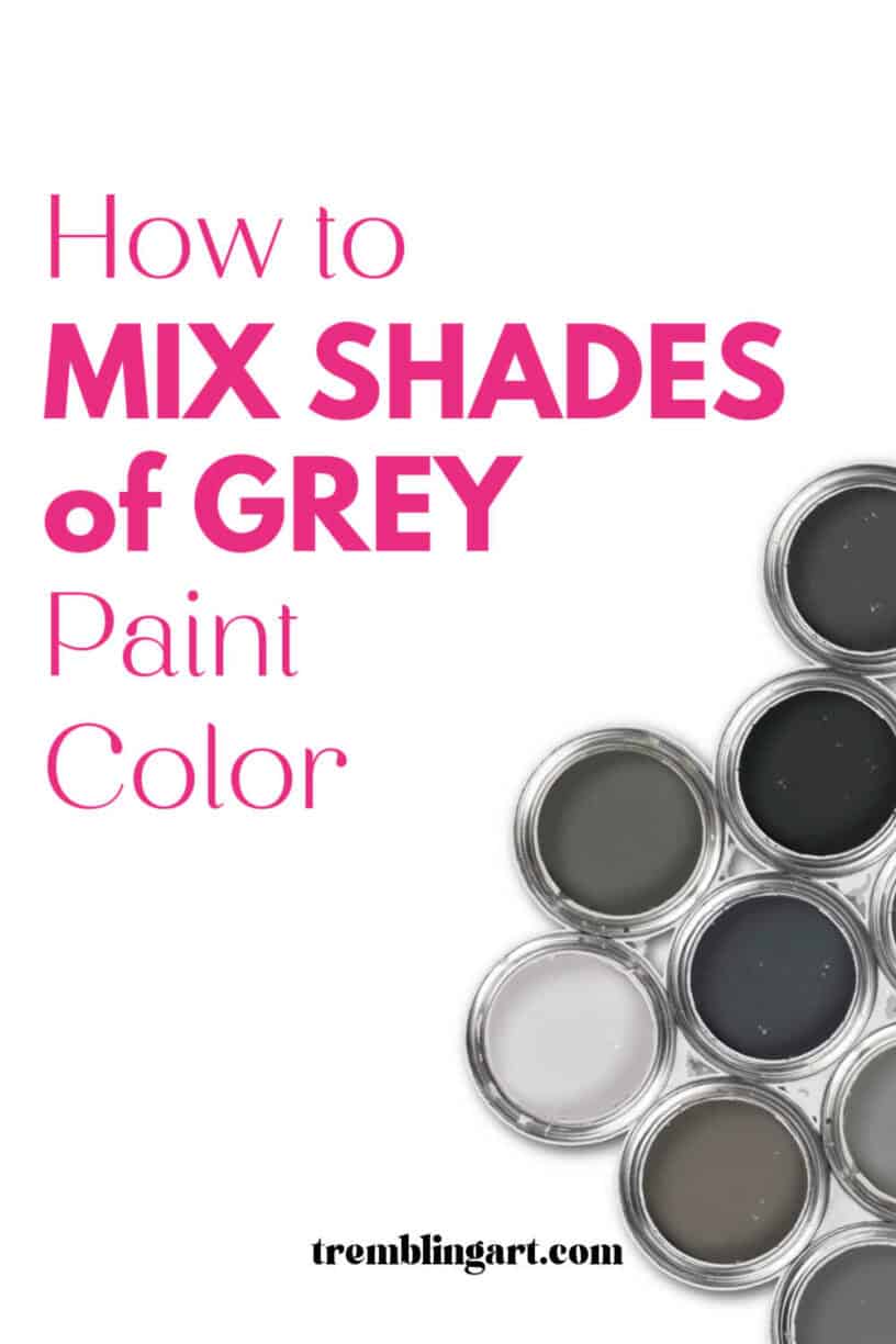 Metal pots of gray paint. The text reads how to mix shades of gray paint colour.
