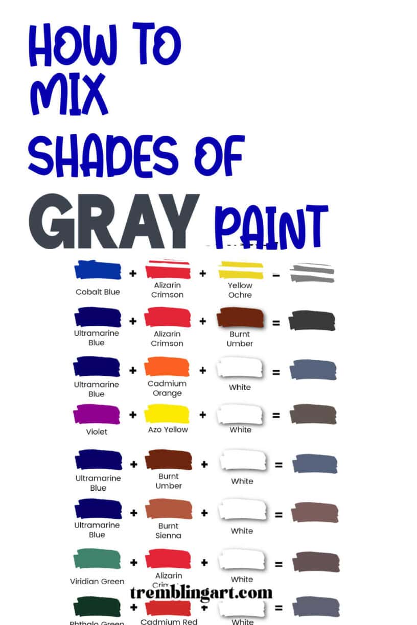 A colour mixing chart showing how to mix different tints, tones, and shades of gray artist paint. The text reads how to mix shades of gray paint.