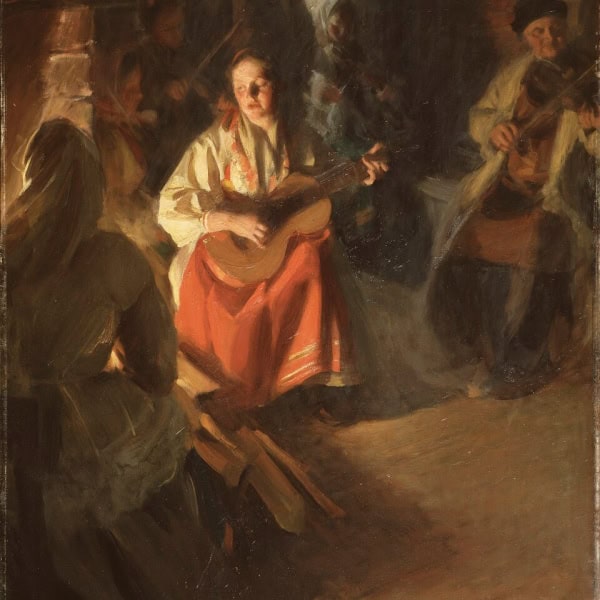 Painting by Anders Zorn titled Musical Family depicting a family playing musical instruments sitting around a fire.
