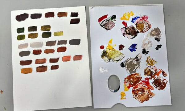 Artists palette and colour swatches showing how to mix earth tones.