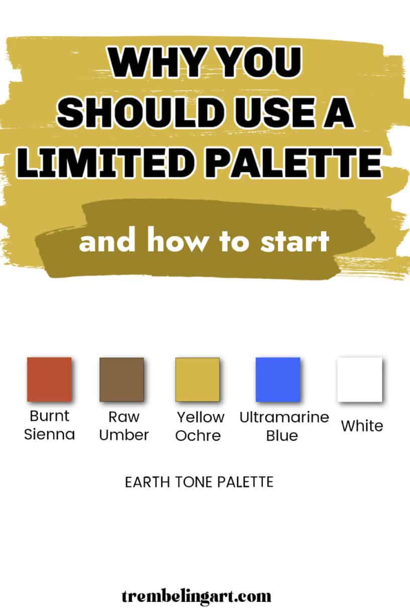 An earth tone palette consisting of burnt sienna, raw umber, yellow ochre, ultramarine blue, and white. The text reads why you should use a limited palette and how to start.