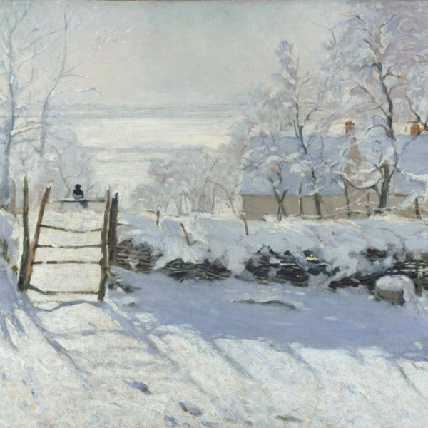 A painting by Monet titled The Magpie depicting a magpie sitting on a fence in winter.
