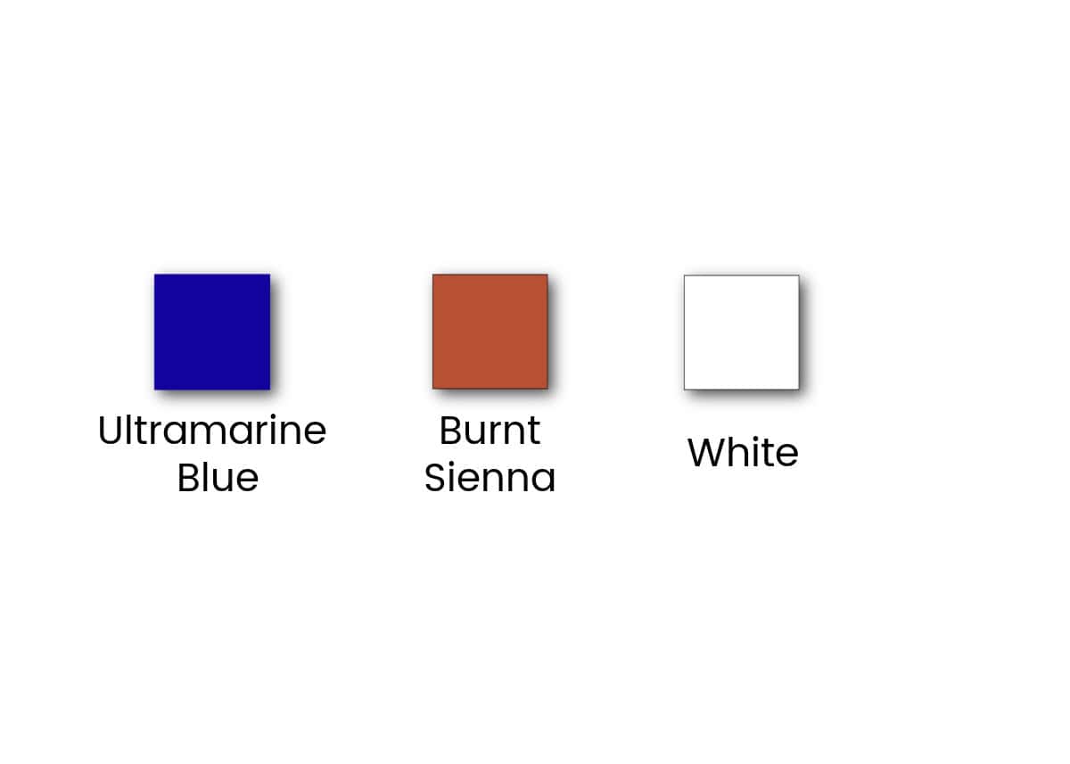 A two colour study palette of ultramarine blue, burnt sienna, and white.