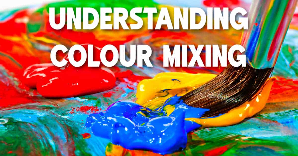An artist brush mixing thick paint in various colours. The text overlay reads understanding colour mixing.