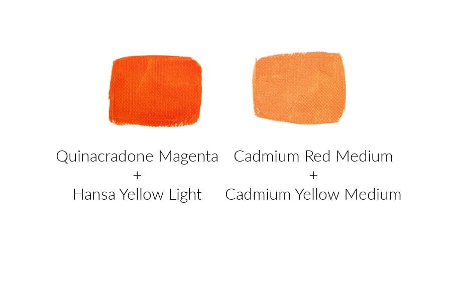 Two paint swatches showing Quinacridone magenta mixed with hansa yellow light and cadmium red medium mixed with Cadmium yellow medium.