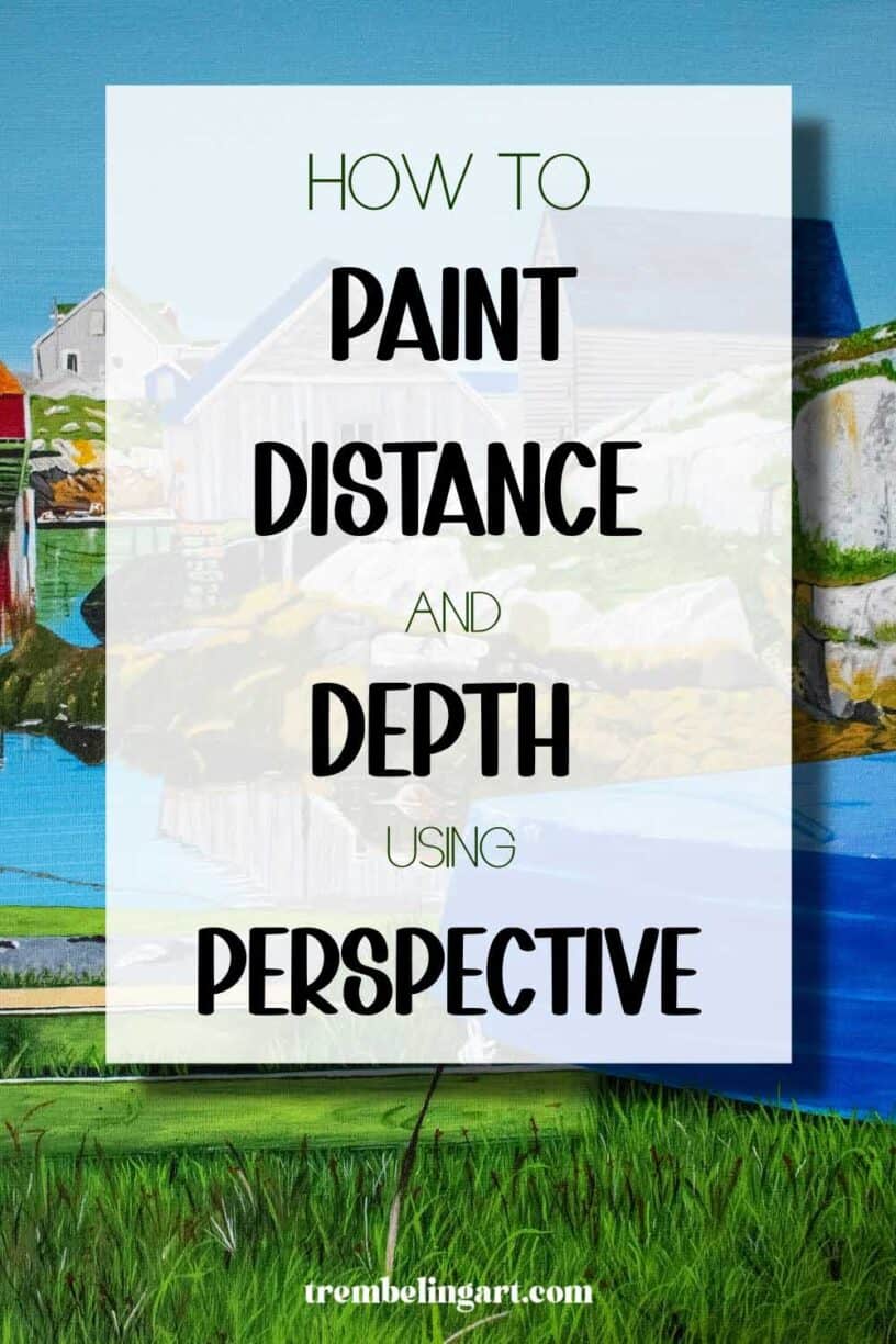 An acrylic painting of a maritime harbour with boats and fishing stages. The text overlay reads how to paint distance and depth using perspective.