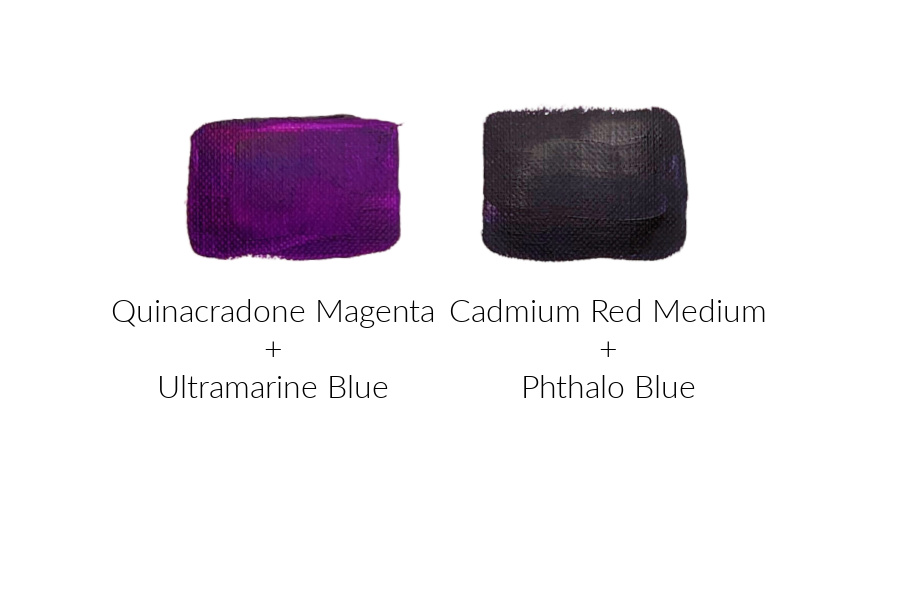 Two paint swatches showing Quinacridone magenta mixed with Ultramarine blue and Cadmium red medium mixed with Phthalo blue.