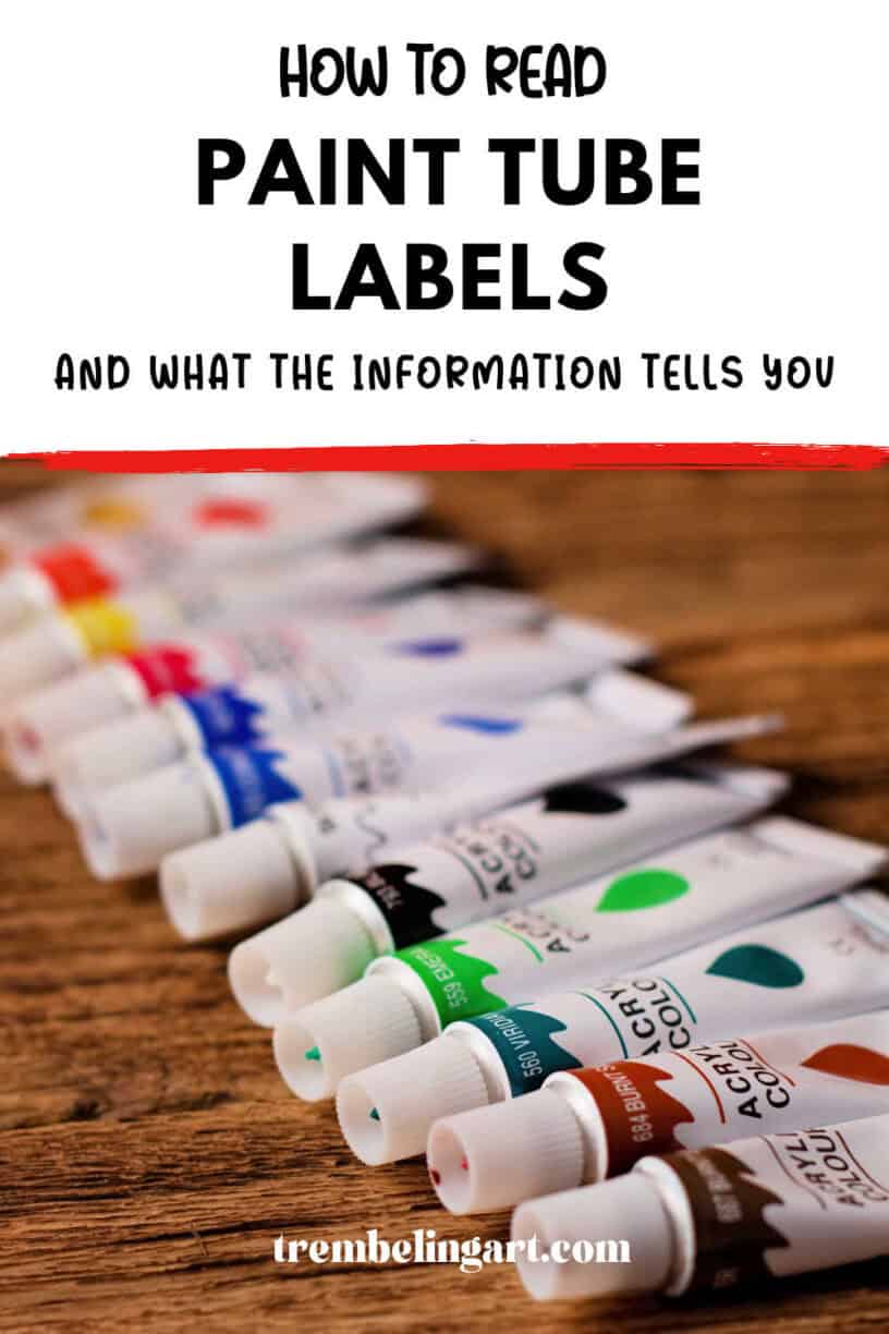 Artist paint tubes laid out in a row on a wooden table. The text reads how to read paint tube labels and what the information tells you.