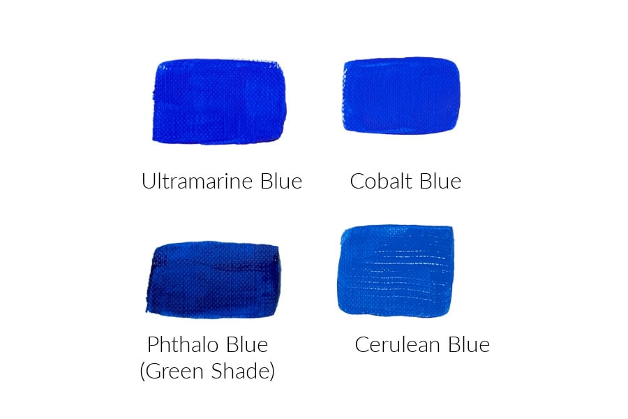 Four paint swatches. Ultramarine blue, cobalt blue, Phthalo blue (green shade), and Cerulean blue.