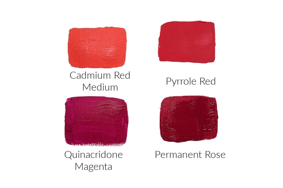 Four swatches of red paint. Cadmium red medium, Pyrrole red, Quinacridone magenta, and permanent rose.