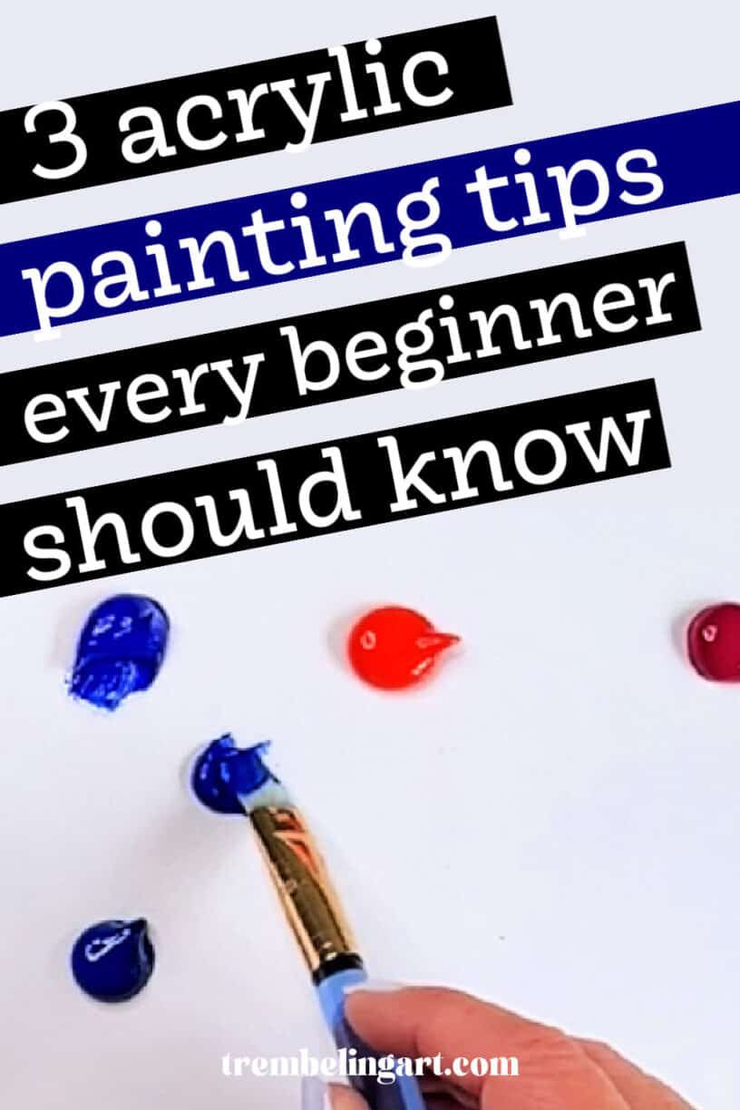 An artist holding a paintbrush mixing various colours of paint. The text reads 3 acrylic painting tips every beginner should know.