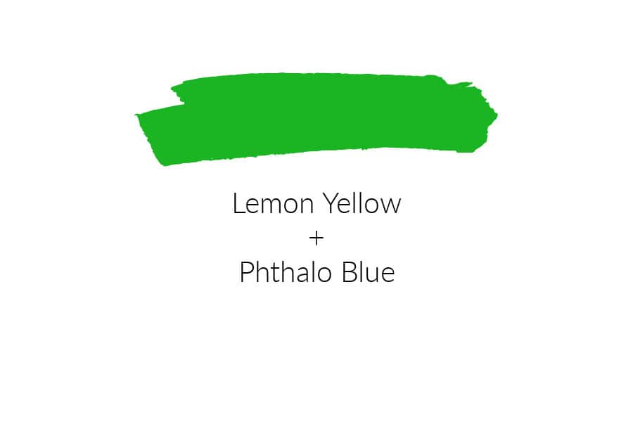 A swatch of bright green paint. The text reads lemon yellow plus Phthalo Blue.