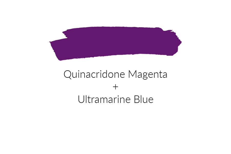 A swatch of bright purple paint. The text reads Quinacridone Magenta plus Ultramarine Blue.