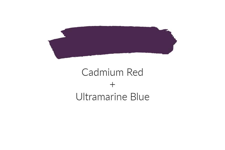 A swatch of dull purple paint. The text reads cadmium red plus Ultramarine Blue.