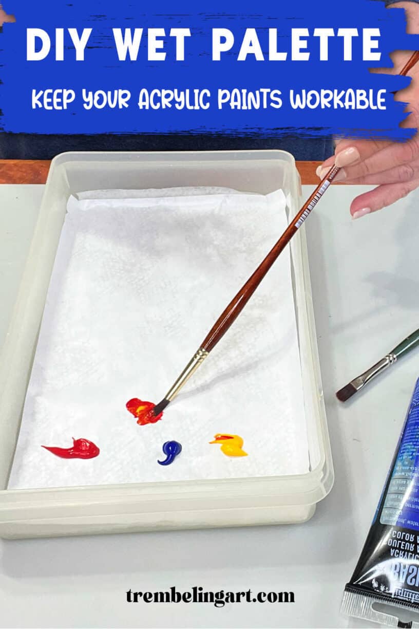 Red, blue, and yellow paint in a diy wet palette with artist brushes and paint tubes. The text reads diy wet palette keep your acrylic paints workable.