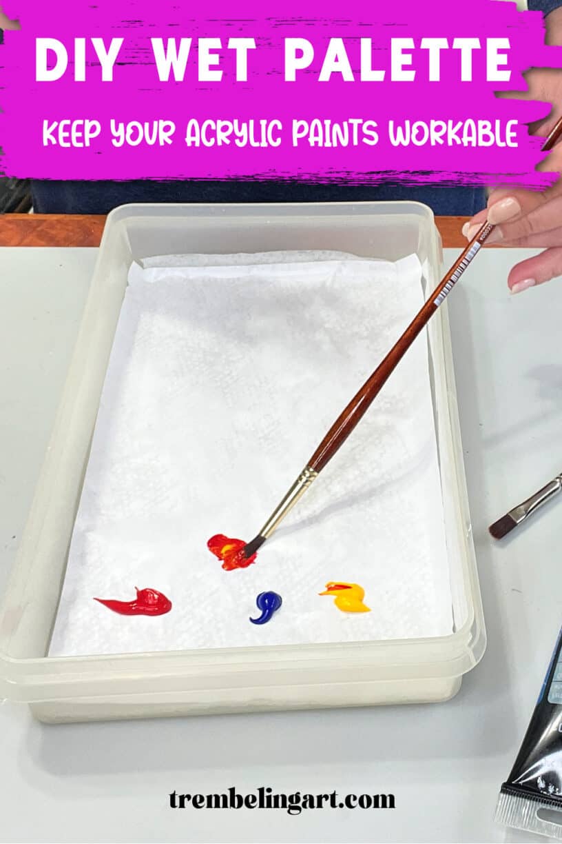 Red, blue, and yellow paint in a diy wet palette with artist brushes and paint tubes. The text reads diy wet palette keep your acrylic paints workable.