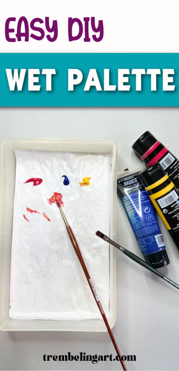 Red, blue, and yellow paint in a diy wet palette with artist brushes and paint tubes. The text reads easy diy wet palette.