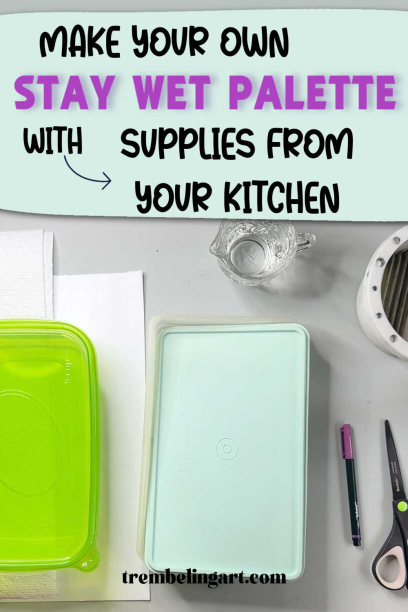 Supplies for making a diy wet palette. Paper towels, palette paper, two plastic containers with lids, a jug of water, a pen, and scissors. The text reads make your own stay wet palette with supplies from your kitchen!