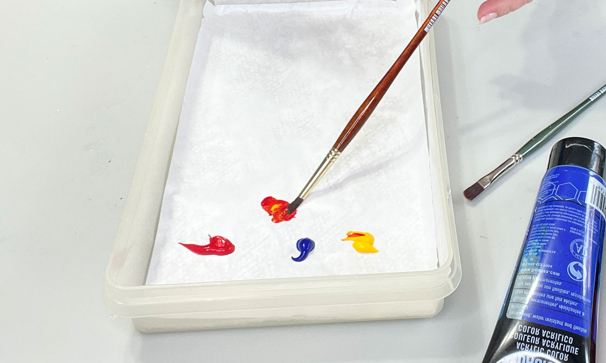 Red, blue, and yellow paint in a diy wet palette with artist brushes and paint tubes.