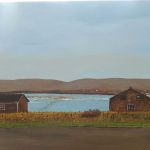 acrylic painting of houses in Forteau, Labrador by TrembelingArt