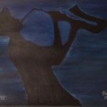 acrylic painting of a man in silhouette playing a saxophone by TrembelingArt