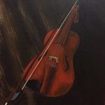 acrylic painting of a violin on a dark background by TrembelingArt