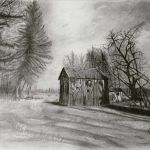 graphite drawing of an old spooky house and trees